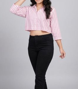 Pink Striped Cropped Oversize Shirt