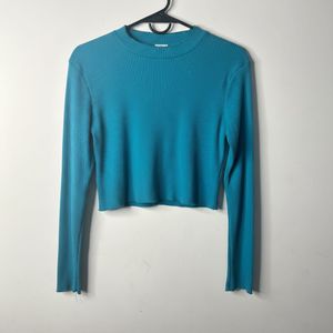 Teal Ribbed Long Sleeve Cropped Top