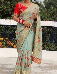Embroidered olive Green Saree With Stitched Blouse