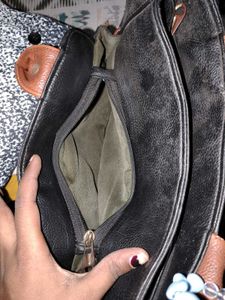 Black Leather Handbag with Brown Accents