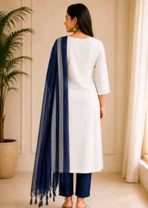 Elegant White Kurta Set with Blue Dupatta