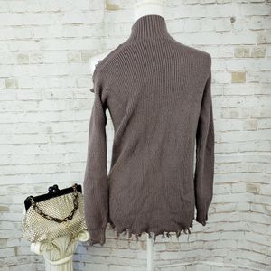 Imported Taupe Cold Shoulder Mock Neck Fray Hem Ri