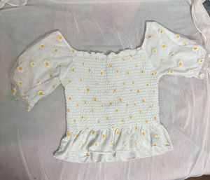White Smocked Peplum Top with Daisy Print