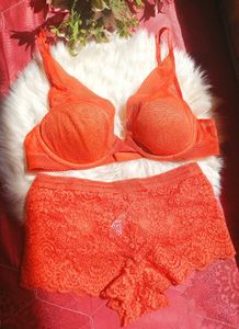 Orange Lace Bralette with High-Waisted Briefs Set
