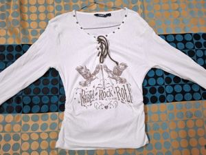 Cream Lace-Up Graphic Long Sleeve Top
