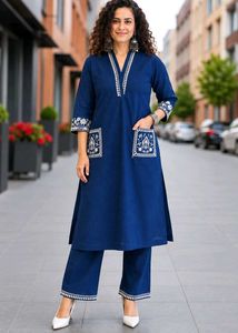 Navy Blue Floral Embroidered Kurta Set