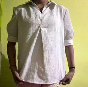White Textured Button-Up Top