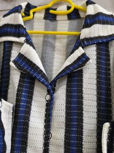 Striped Short Sleeve Button-Up Blouse