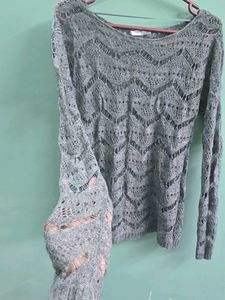 Chic Grey Crochet Knit Sweater