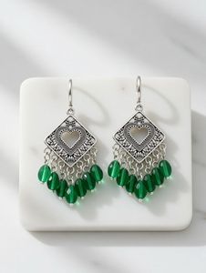 Bohemian Dangle Earrings with Green Beads
