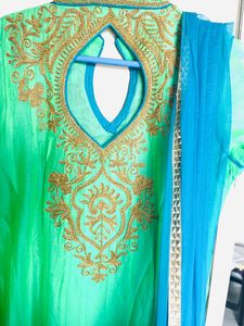 Mint Green &amp; Blue Embroidered Ethnic Gown/anarkali