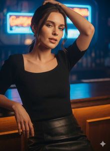 Square Neck Black Ribbed Puff Sleeve Top Partywear