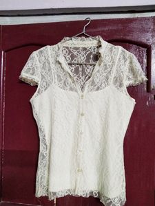 Cream Lace Button-Up Short Sleeve Blouse