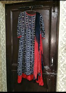 Elegant Blue &amp; Red Printed Kurta  with Dupatta