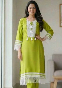 Lime Green Kurta Set with Lace Details