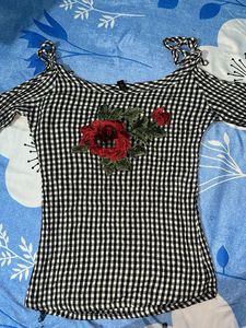 Black & White Gingham Cold Shoulder Top