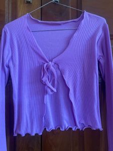Lavender Tie-Front Ribbed Long Sleeve Top