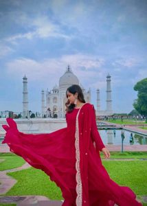 Elegant Red Tiered Gown with Embellished Dupatta