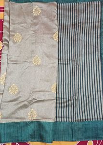 Elegant Metallic Grey Saree with Gold Motifs