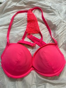 Bright Pink Bikini Top with Crochet Detail