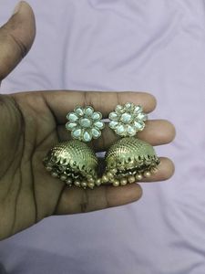 Elegant Gold Jhumka Earrings with White Stones🤩