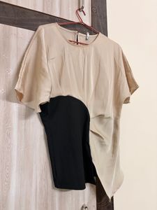 Chic Beige &amp; Black Asymmetrical Top