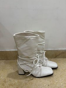 White Lace-Up Block Heel Boots