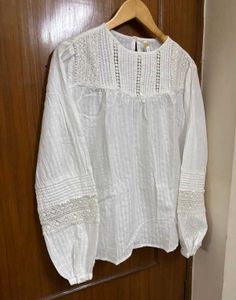 White Lace Trim Long Sleeve Top