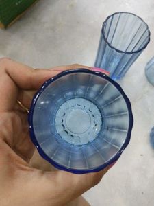 Set of 6 Blue Ribbed Glass Tumblers