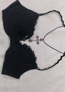 Black Lace Trim Bra with Cross Necklace Detail