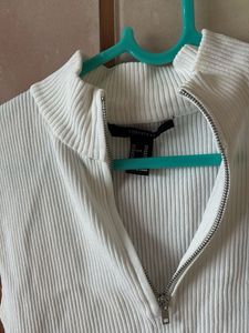White Ribbed Zip-Up Top