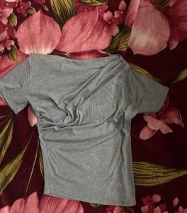 Grey Cotton Off-Shoulder Ruched Top