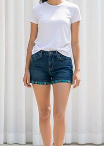 Denim Shorts with Plaid Trim