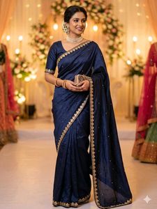 Elegant Navy Blue Saree with Gold Border