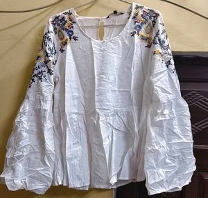 White Embroidered Balloon Sleeve Top