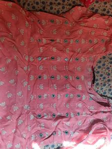 Pink Printed Kurta with Mirror Work