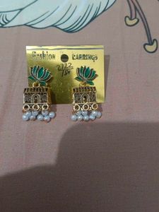 Green Lotus Jhumka Earrings with Pearls