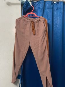 Stylish Women's Taupe Trousers with Brown Stripe