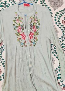 Beautiful Crushed Pista Green Embroidery Shirt