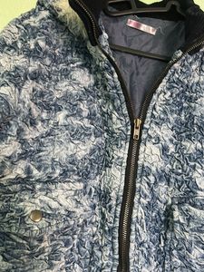 Blue Textured Bomber Jacket with Faux Fur Hood