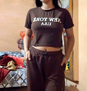 Brown Crop Top & Jogger Set