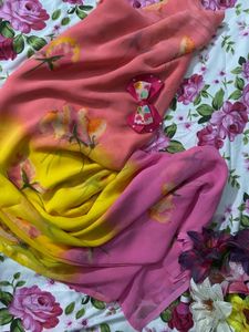 Floral Print Saree - Pink &amp; Yellow