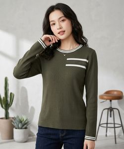 Olive Green Ribbed Full Sleeve Round Neck Top