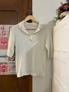 Cream Ribbed Polo Neck Top