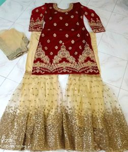 Elegant Maroon & Gold Gharara Suit