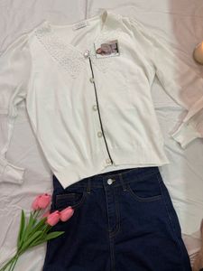 White Lace Trim Cardigan with Sheer Sleeves