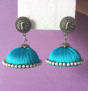 Turquoise Silk Thread Jhumka Earrings