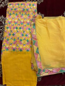 Embroidered Yellow Kurta Set Material with Dupatta