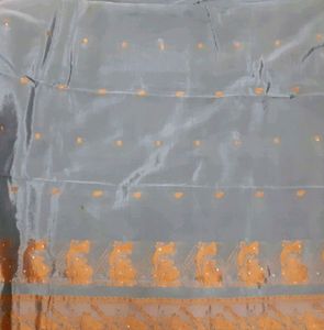 Grey With Orange Silk saree
