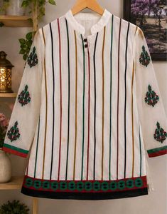 Green red striped short white kurti